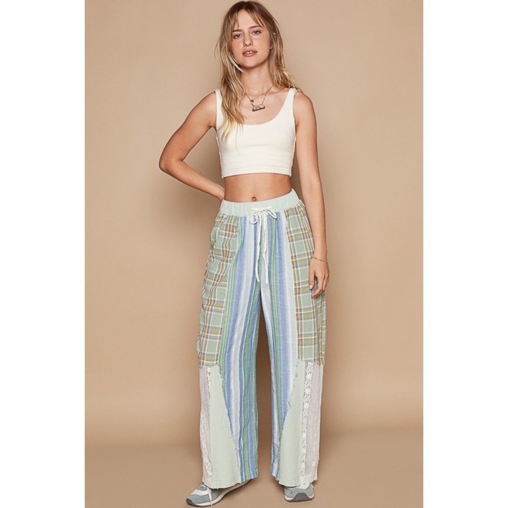 POL Blue & Green Washed Cotton Plaid with Stripes Lace Leg Pants - Picture 2 of 8